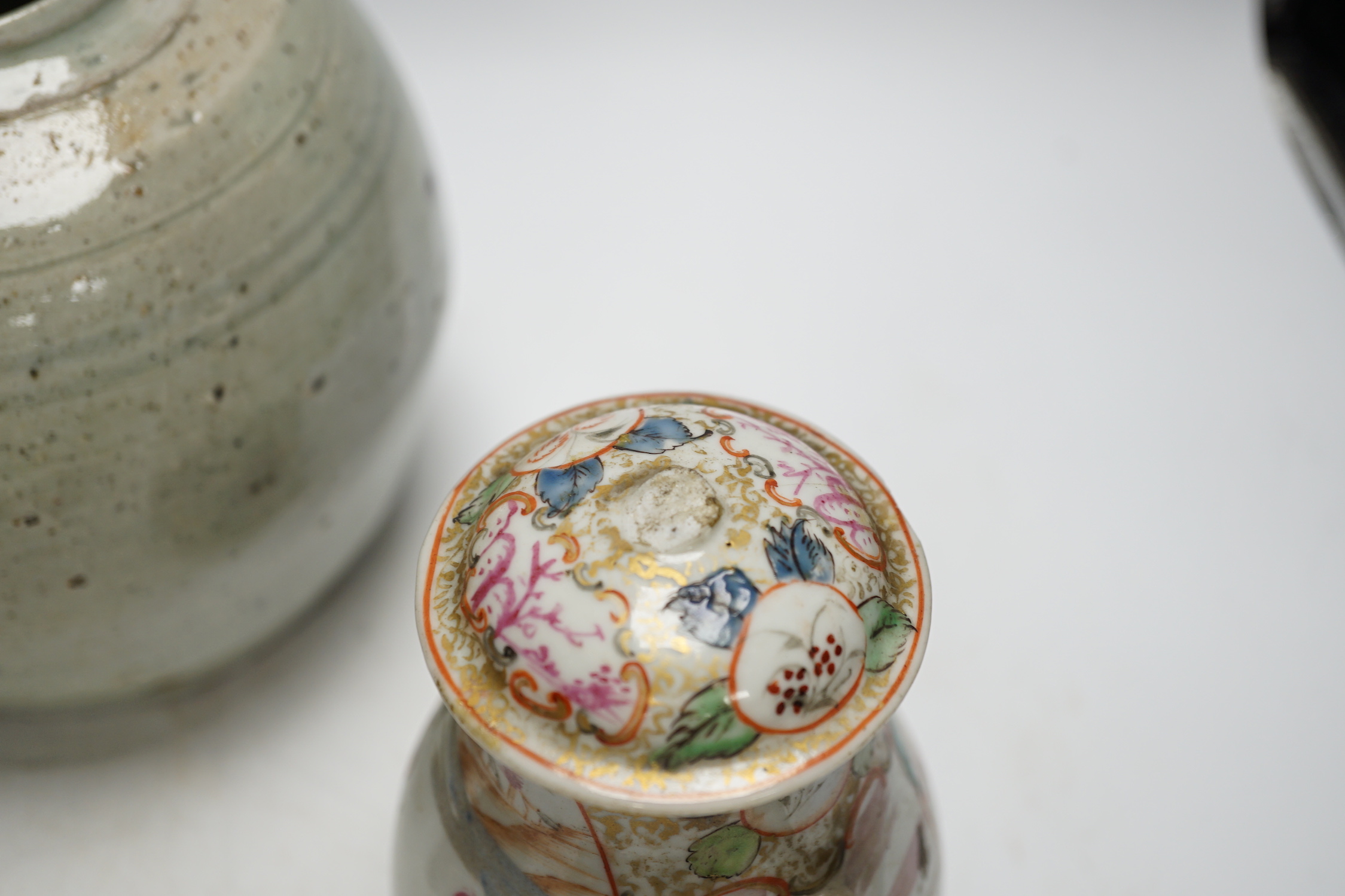 A group of Chinese porcelain etc, 18th century and later (8), including a crackle glaze Dragon water pot, c.1900 and a brown glazed meiping, early 20th century